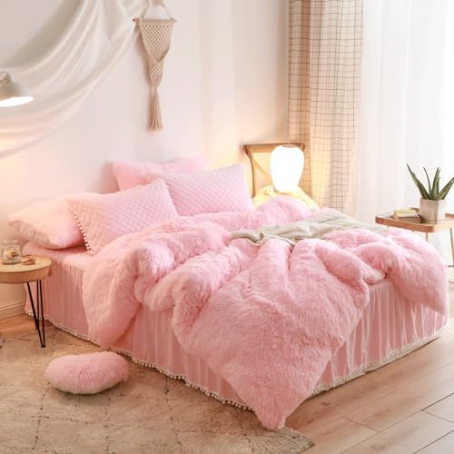 Fluffy Pink Duvet Cover Twin Set with Furry Pillowcases