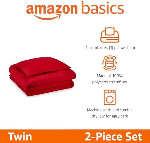 Amazon Basics Kids Comforter and Pillow Sham Set Red Twin