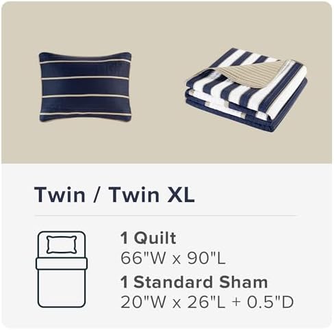 Comfort Spaces Quilt Set Twin Size White Blue Stripe
