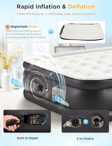 BUPPLEE 20 Queen Air Mattress with Built-in Pump - 600 lbs Support