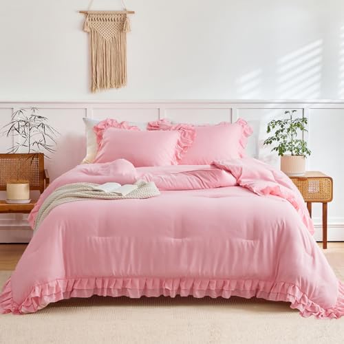 Pink Ruffled Comforter Set Twin Size 3 pcs