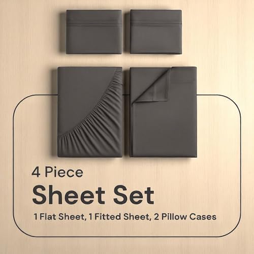 FEEKO Cal King 4 Piece Sheet Set - Hotel Luxury Microfiber Dark Grey