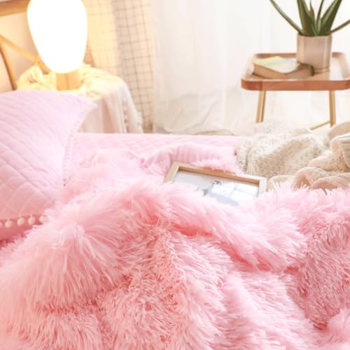 Fluffy Pink Duvet Cover Twin Set with Furry Pillowcases
