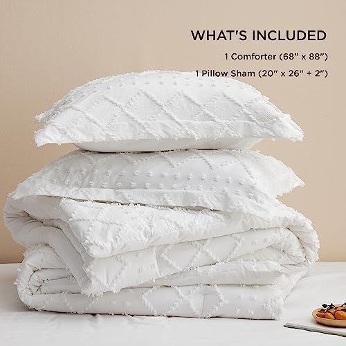 Bedsure Twin Comforter Set - White Boho with Pillow Sham