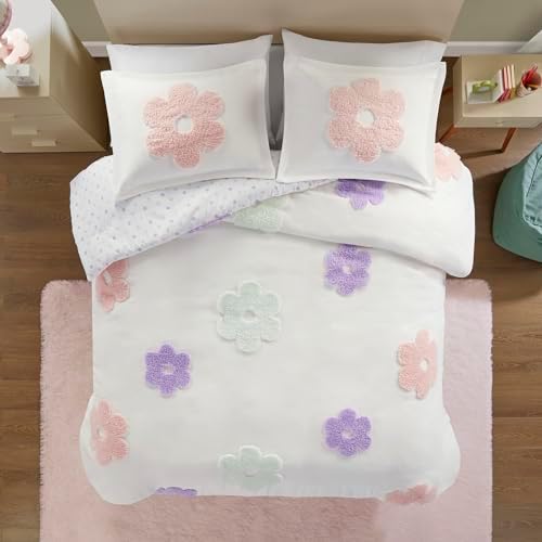 Queen Duvet Cover Set for Girls - Floral Polka Dot Reversible