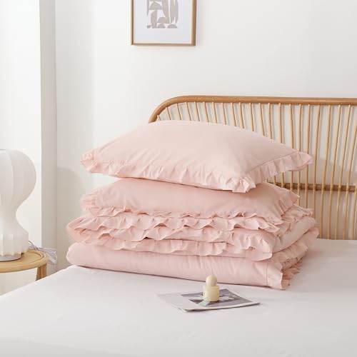 JANZAA Pink Ruffle Queen Comforter Set 3PCS