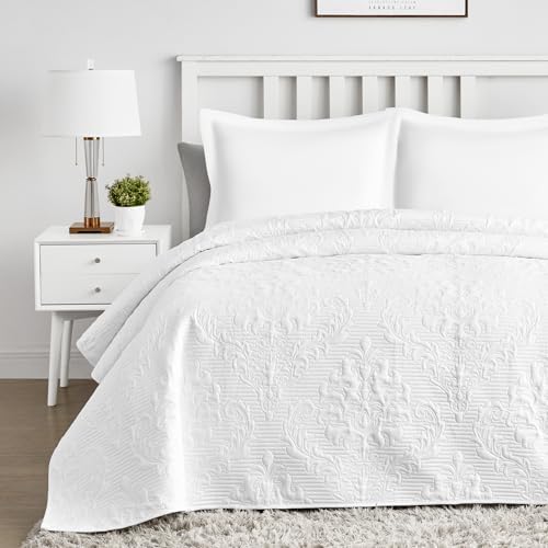 Hansleep White Quilt Queen Set - 3 Piece Damask Coverlet Bedding