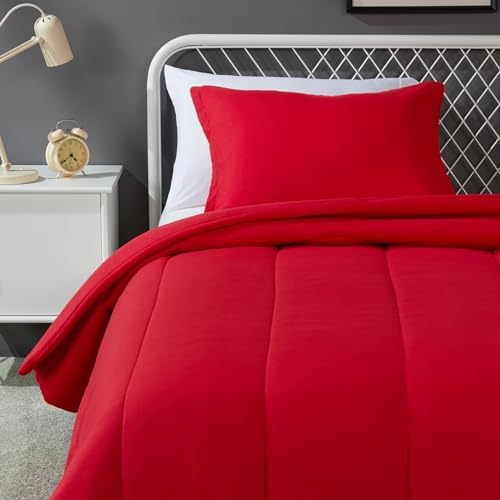 Amazon Basics Kids Comforter and Pillow Sham Set Red Twin