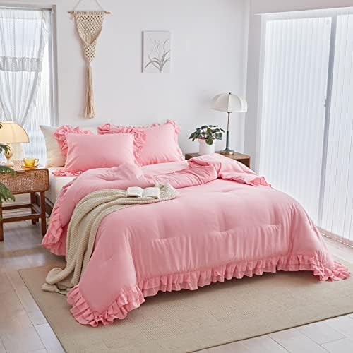 Pink Ruffled Comforter Set Twin Size 3 pcs