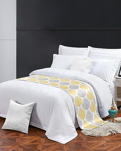 Minimalist Yellow Grey Leaf Bed Runner Scarf Set