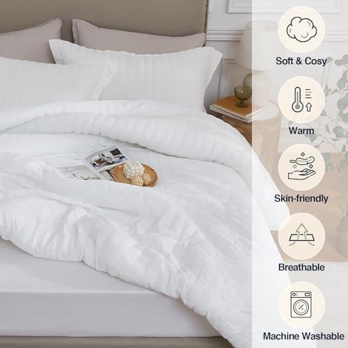 White Queen Comforter Set - 3 Piece Seersucker Bedding