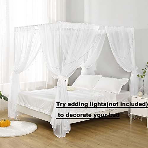 WANFASO White Canopy Bed Curtain for Queen Bed 8PCS Chiffon Panels