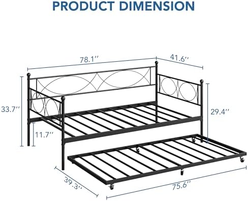 IDEALHOUSE Modern Black Metal Daybed with Trundle