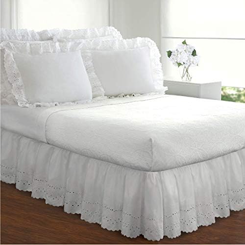 FRESH IDEAS White Queen Bed Skirt with Ruffles and Eyelet Embroidery 1