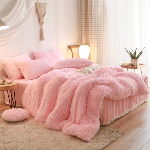 Fluffy Pink Duvet Cover Twin Set with Furry Pillowcases