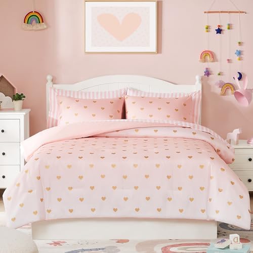 Wink Deer Pink Gold Heart Twin Comforter Set