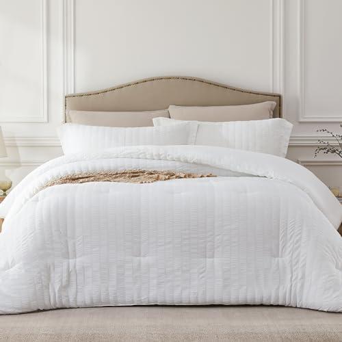 White Queen Comforter Set - 3 Piece Seersucker Bedding