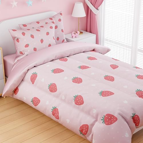 SANDJEST Strawberry Duvet Cover Set Twin for Kids