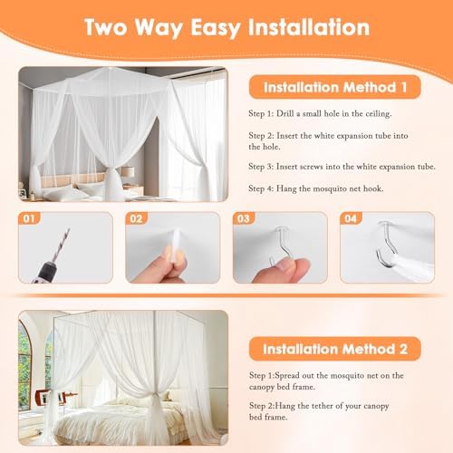 Qinzave 4 Corner White Canopy Bed Curtains