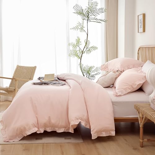 JANZAA Pink Ruffle Queen Comforter Set 3PCS