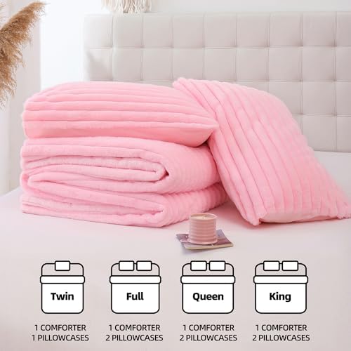 Smoofy Fluffy Queen Comforter Set 3 Pieces - Pink Fleece Micro-Mink