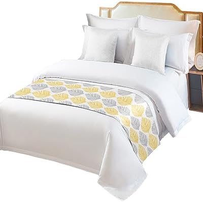 Minimalist Yellow Grey Leaf Bed Runner Scarf Set