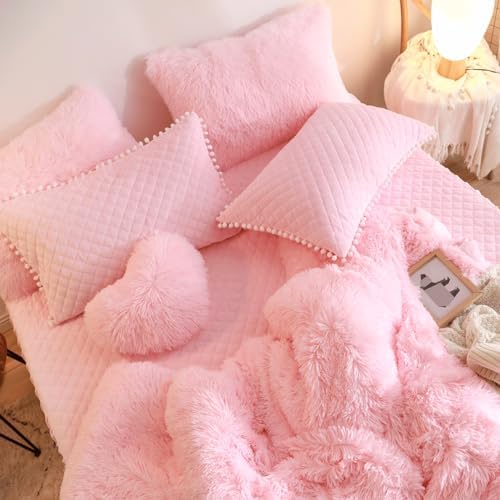 Fluffy Pink Duvet Cover Twin Set with Furry Pillowcases