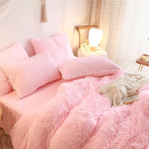 Fluffy Pink Duvet Cover Twin Set with Furry Pillowcases
