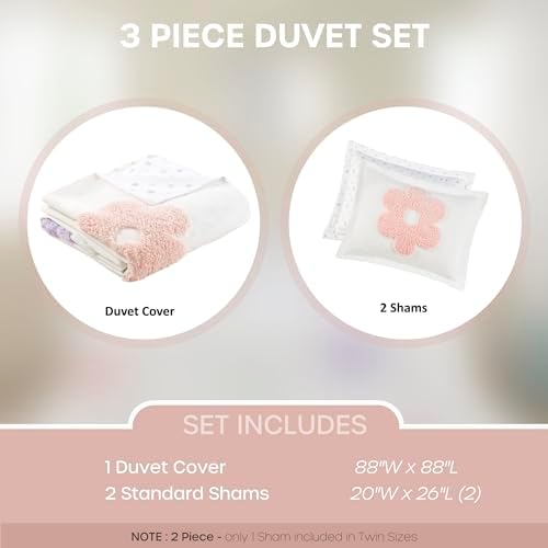 Queen Duvet Cover Set for Girls - Floral Polka Dot Reversible