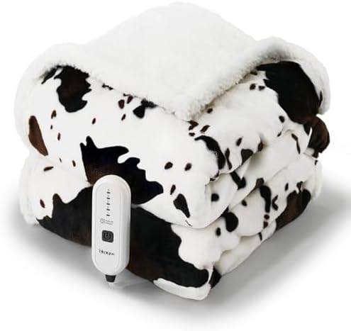 Blunique Cow Print Heated Throw Blanket with 5 Heat Levels