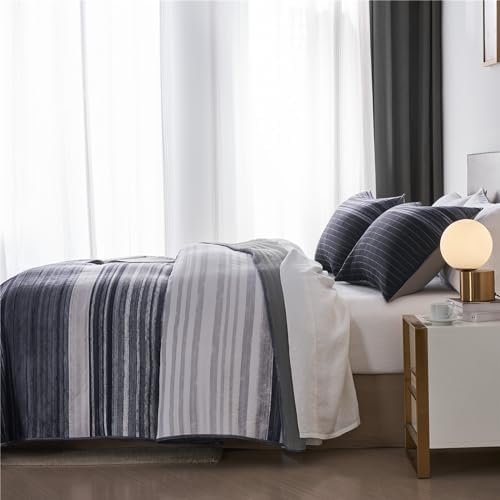 KAKIJUMN Queen Quilt Set with 2 Pillow Shams Black White Grey Striped Bedding