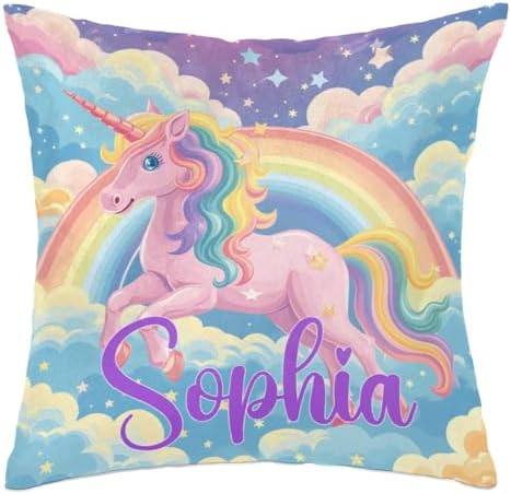 Personalized Pink Unicorn Rainbow Square Pillowcase for Kids