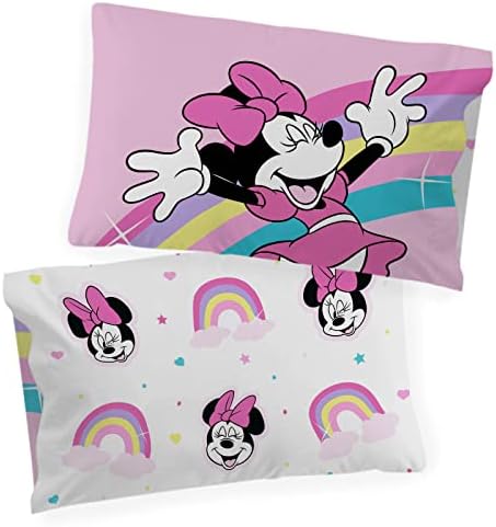 Jay Franco Disney Minnie Mouse Rainbow Stripe Pillowcase - Reversible Kids Bedding