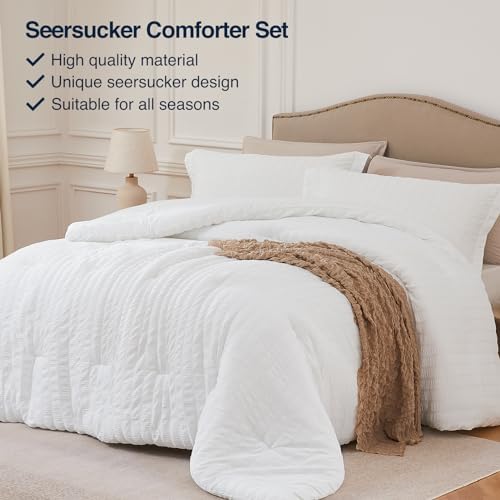 White Queen Comforter Set - 3 Piece Seersucker Bedding