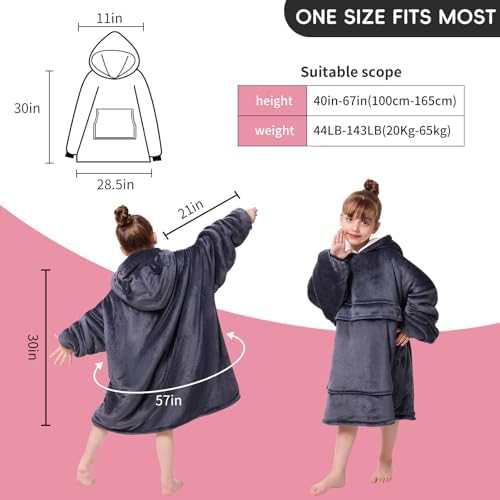 yescool Wearable Blanket Hoodie for Kids One Size Grey