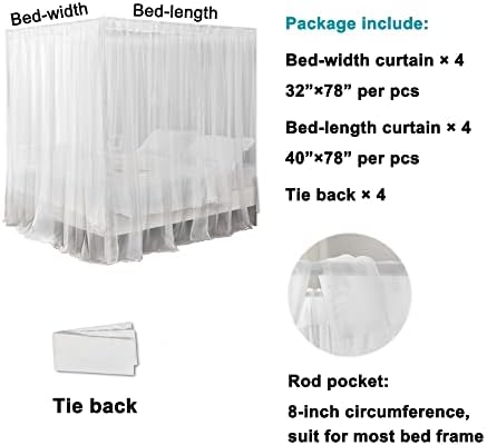 WANFASO White Canopy Bed Curtain for Queen Bed 8PCS Chiffon Panels