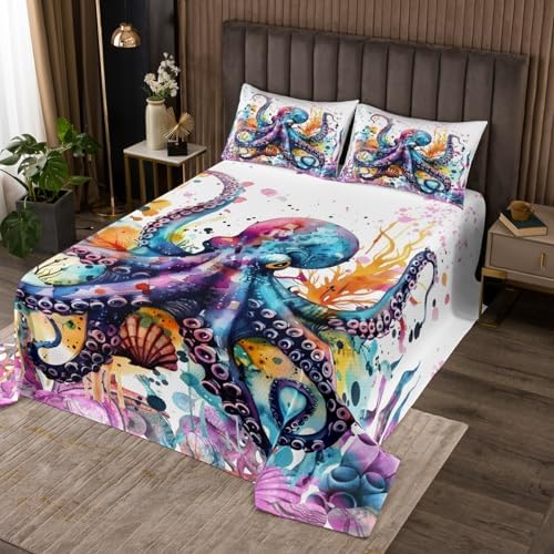 Feelyou Octopus Bedspread Set Twin Size Kids Ocean Kraken Quilted Coverlet