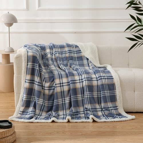 PU MEI Sherpa Blanket Queen Plaid - Blue White Check