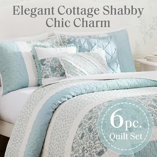 Madison Park Cotton Quilt Set Floral Print 6 Piece Light Teal