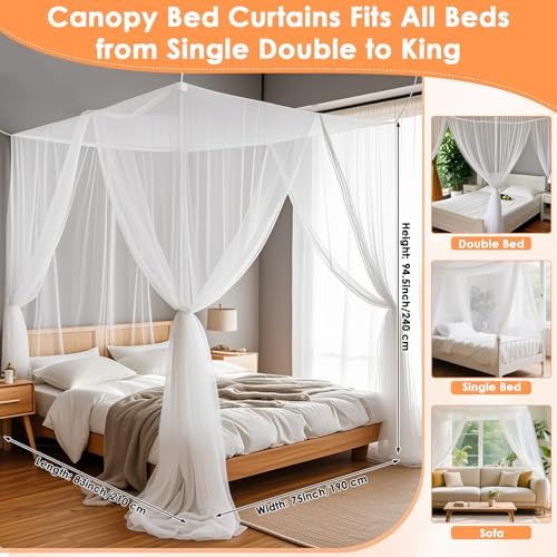 Qinzave 4 Corner White Canopy Bed Curtains