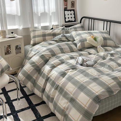 VM VOUGEMARKET Green Plaid Duvet Cover Set Queen 3 Piece