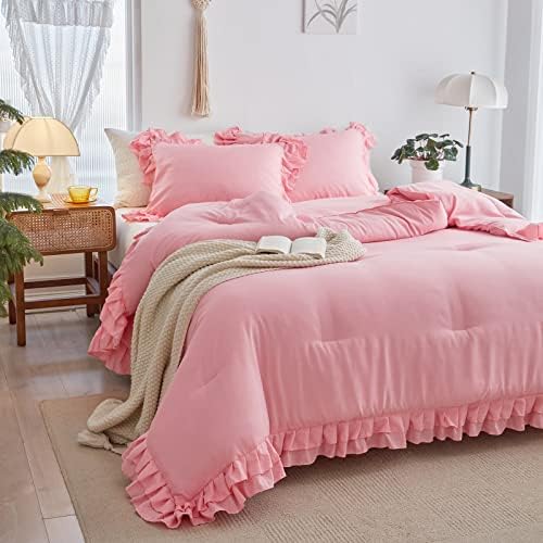 Pink Ruffled Comforter Set Twin Size 3 pcs