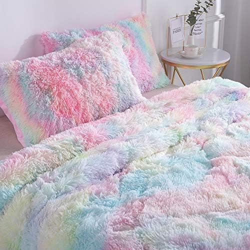 Wajade Faux Fur Rainbow Comforter Set - 3PC Fluffy Shaggy Bedding