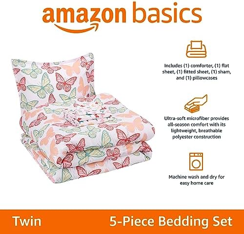 Amazon Basics Butterfly Friends Twin Bed-in-a-Bag 5-Piece