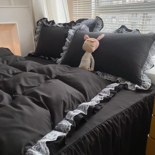 MOOWOO Chic Ruffle Lace Duvet Cover Set - Queen Size Black Bedding