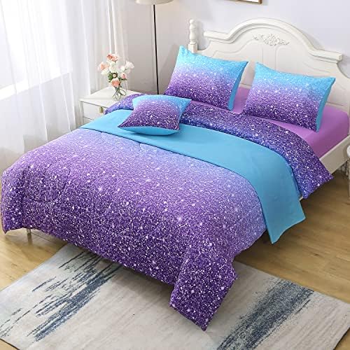JQinHome Glitter Comforter Set Twin Size Blue Purple