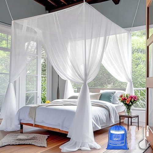 Qinzave 4 Corner White Canopy Bed Curtains