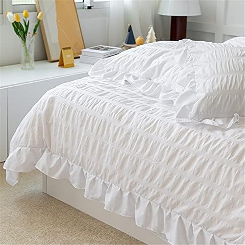 White Ruffled Duvet Cover Set 3 Piece Queen Seersucker Textured Stripe
