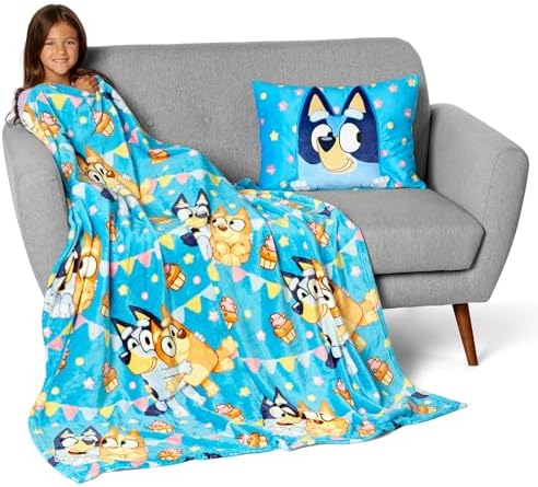 NORTHWEST Bluey Party Pups Throw Blanket with Pillow Set - Cozy Playful