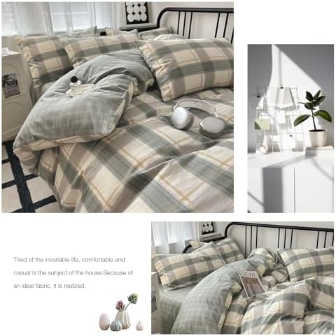 VM VOUGEMARKET Green Plaid Duvet Cover Set Queen 3 Piece
